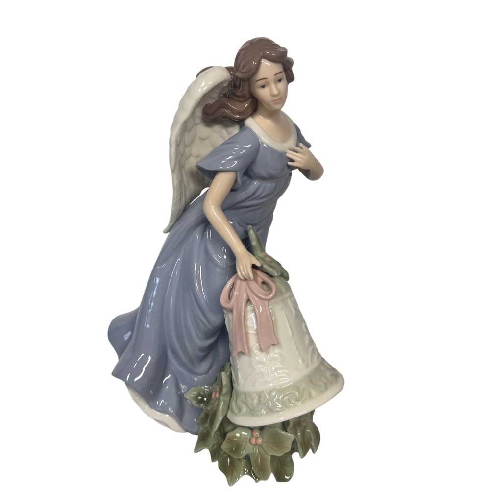 Hand Painted Porcelain Angel Figurine with Christmas Bell Holly Blue Dress 8.5in